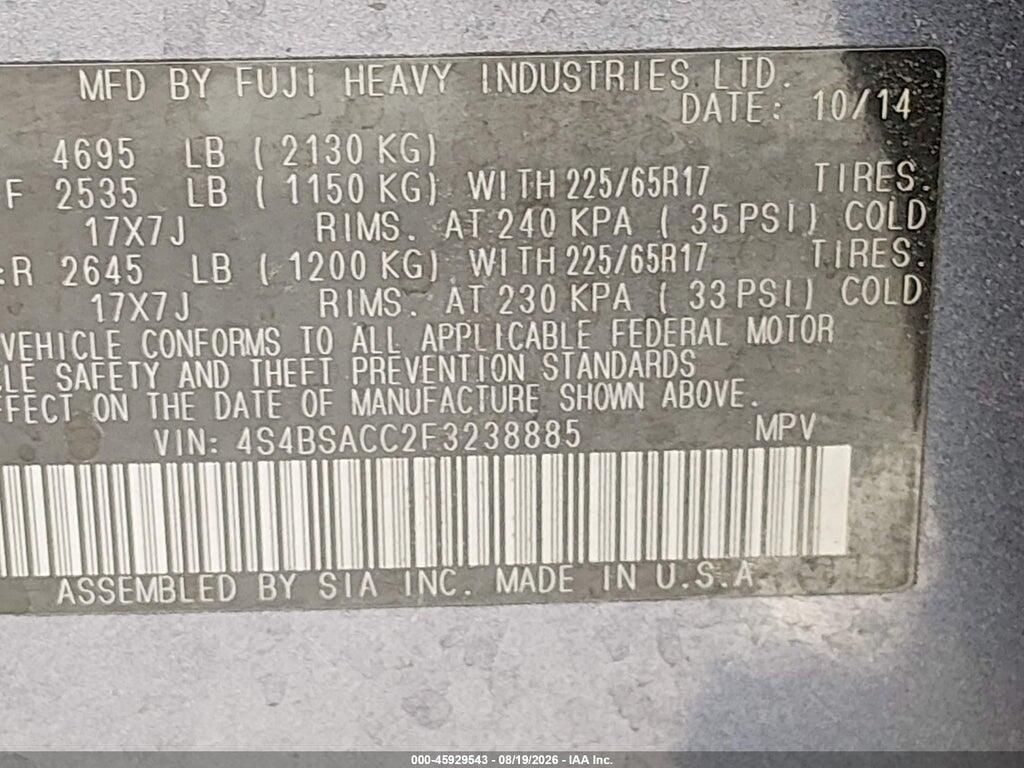 4S4BSACC2F3238885 2015 SUBARU OUTBACK photo no. 9