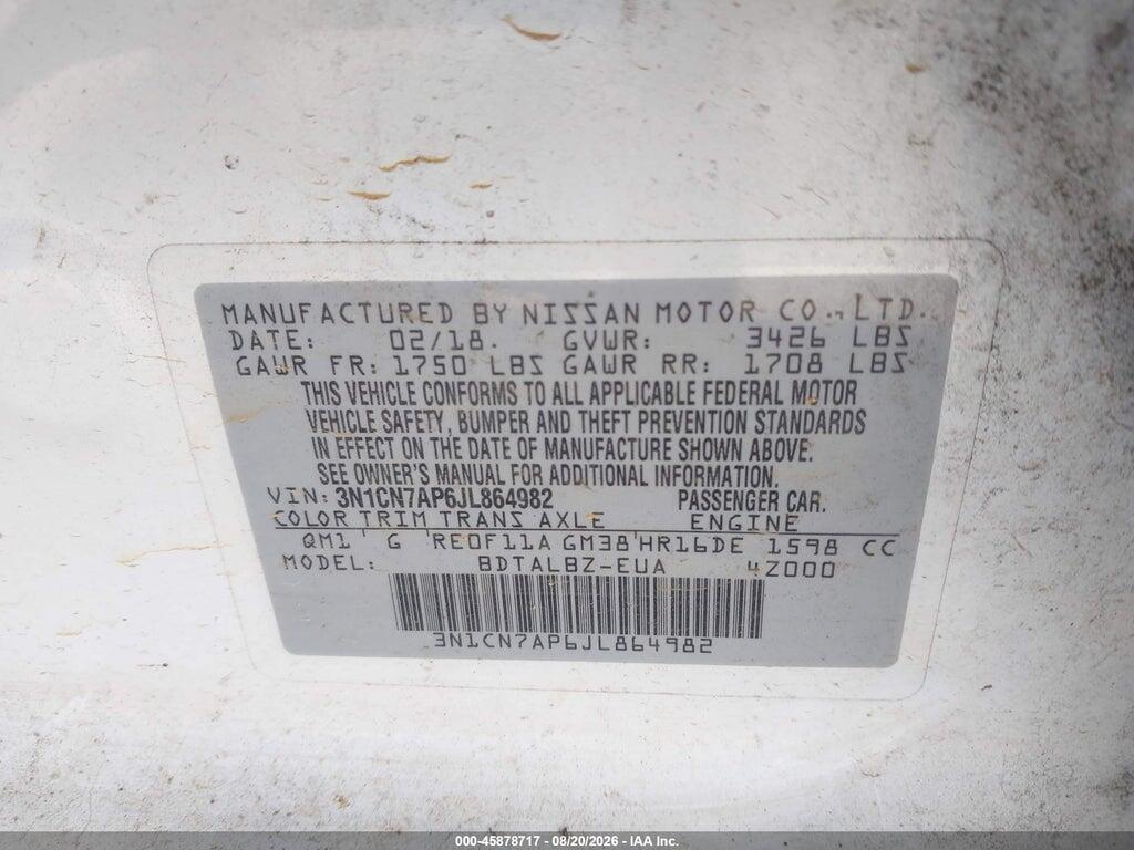 3N1CN7AP6JL864982 2018 NISSAN VERSA photo no. 9