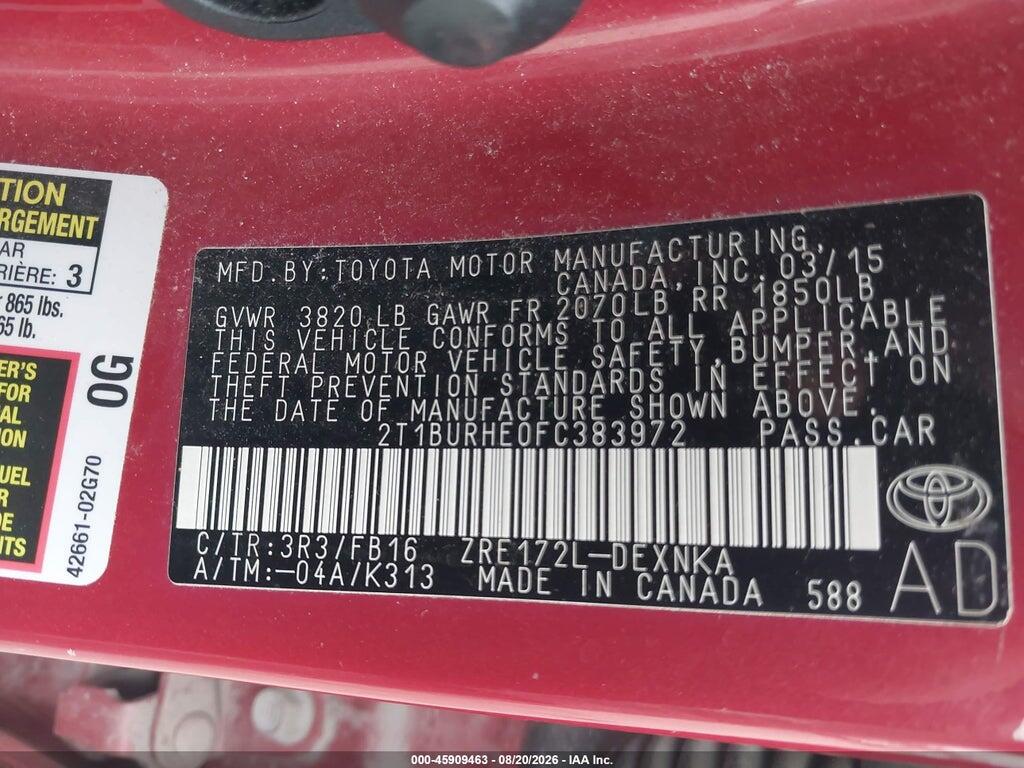 2T1BURHE0FC383972 2015 TOYOTA COROLLA photo no. 9