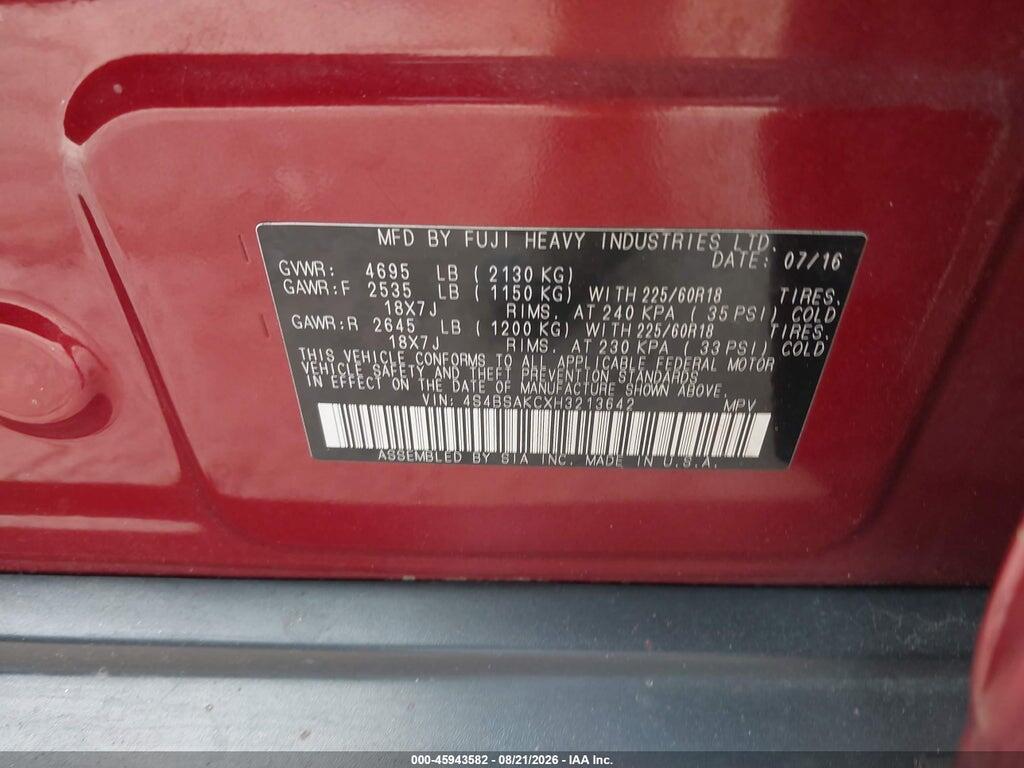 4S4BSAKCXH3213642 2017 SUBARU OUTBACK photo no. 9