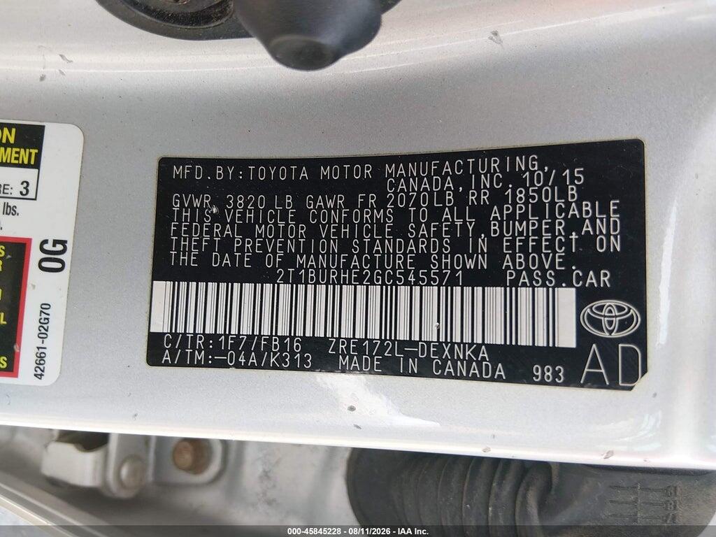 2T1BURHE2GC545571 2016 TOYOTA COROLLA photo no. 9