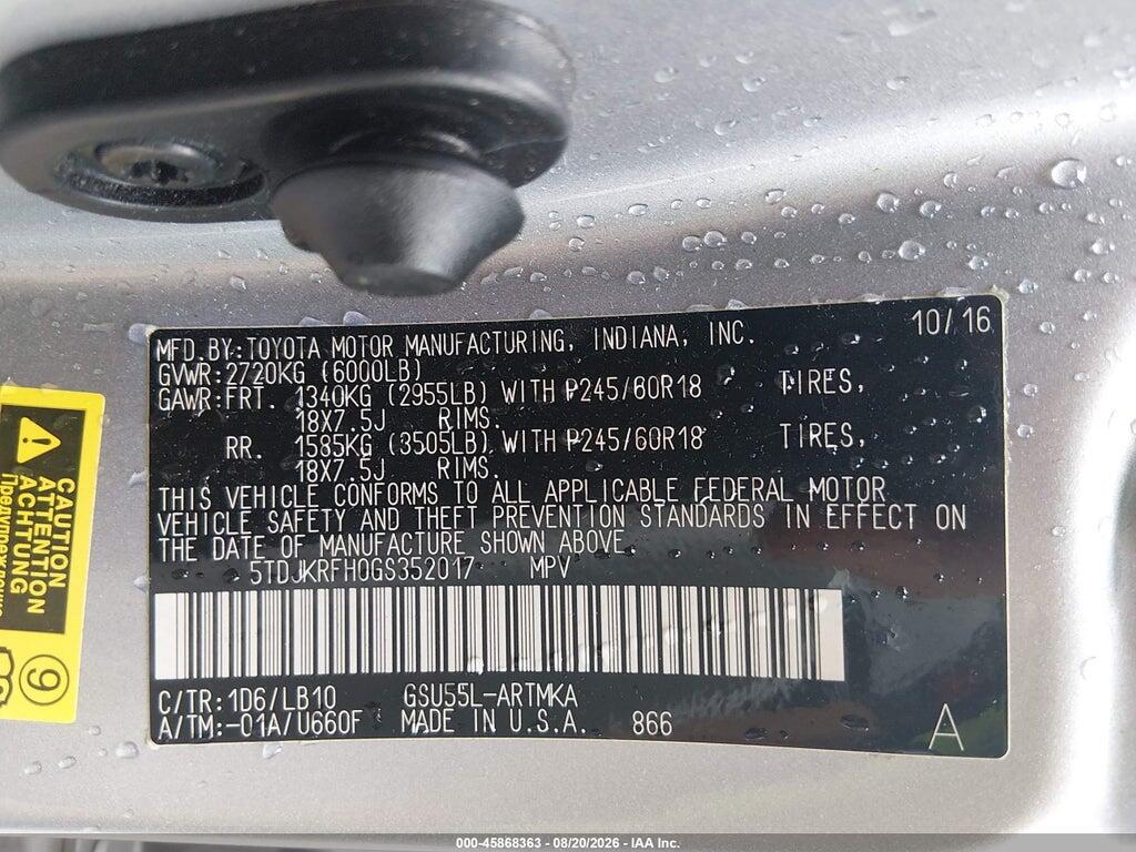 5TDJKRFH0GS352017 2016 TOYOTA HIGHLANDER photo no. 9