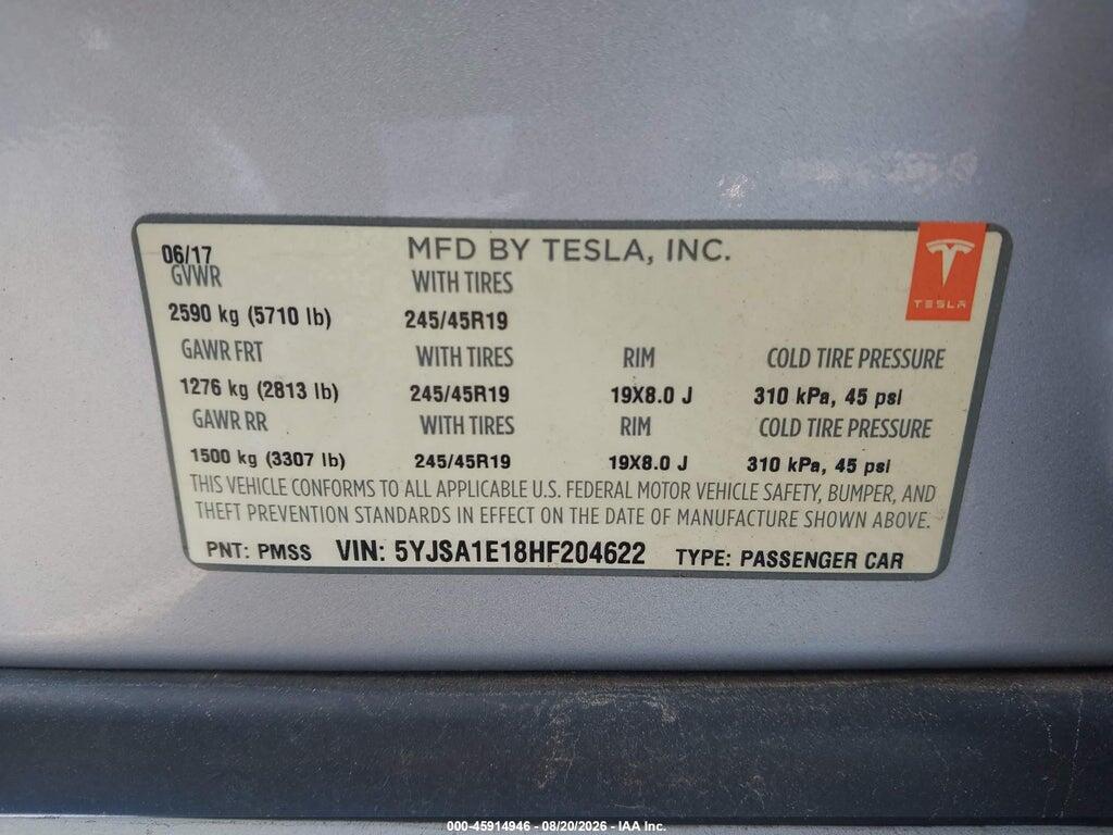 5YJSA1E18HF204622 2017 TESLA MODEL S photo no. 9