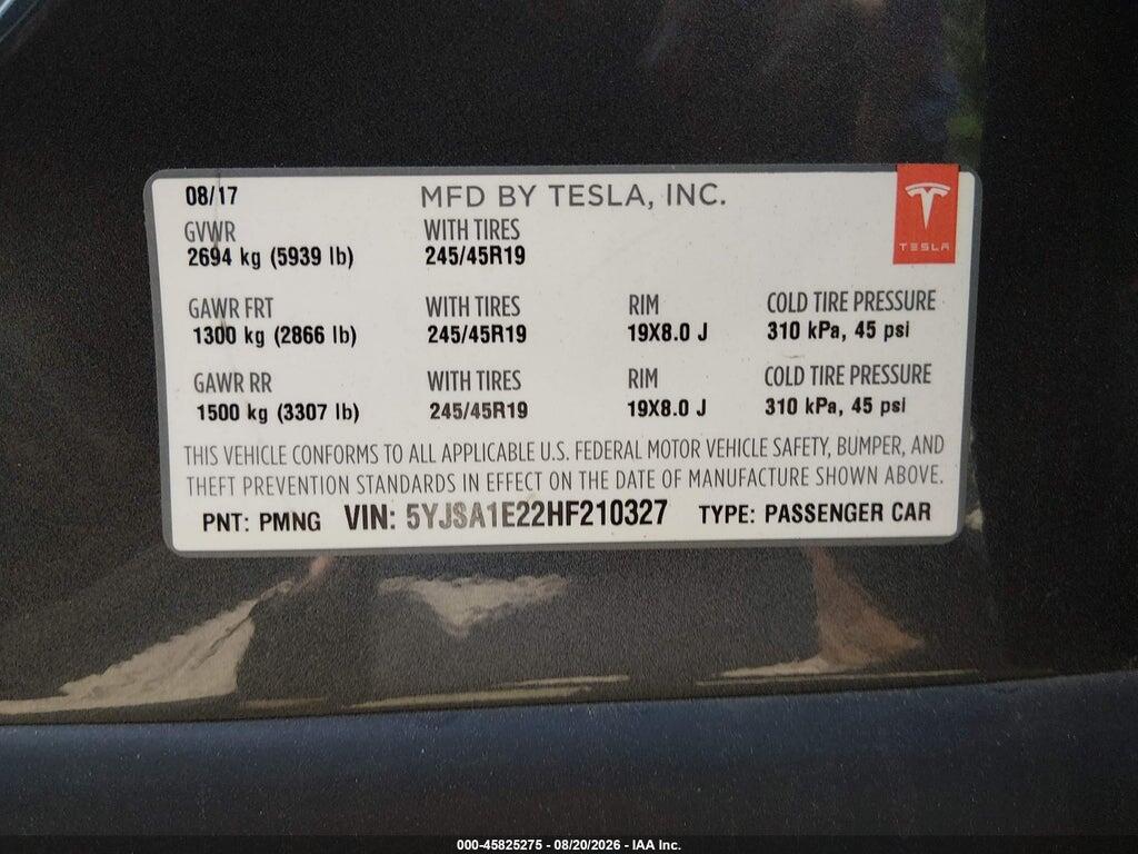 5YJSA1E22HF210327 2017 TESLA MODEL S photo no. 9