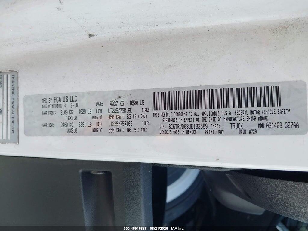 3C6TRVDG8JE132589 2018 RAM PROMASTER 2500 photo no. 9