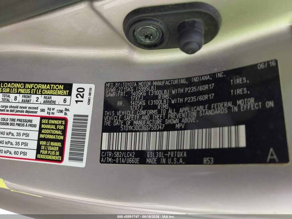 5TDYK3DC3GS759347 2016 TOYOTA SIENNA photo no. 9