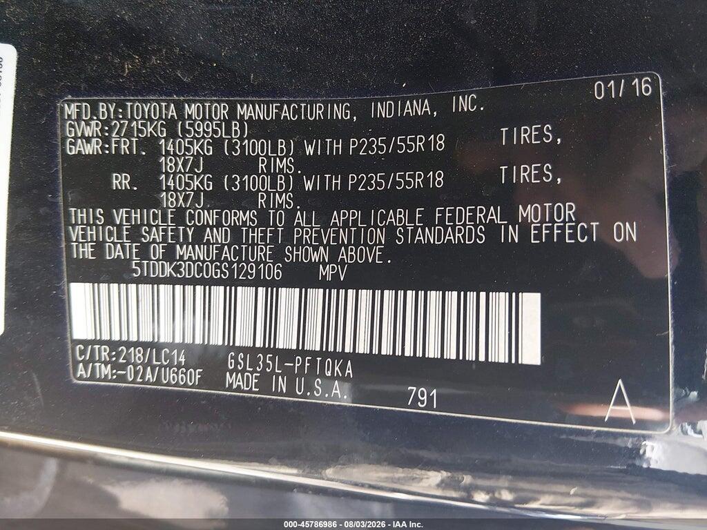 5TDDK3DC0GS129106 2016 TOYOTA SIENNA photo no. 9