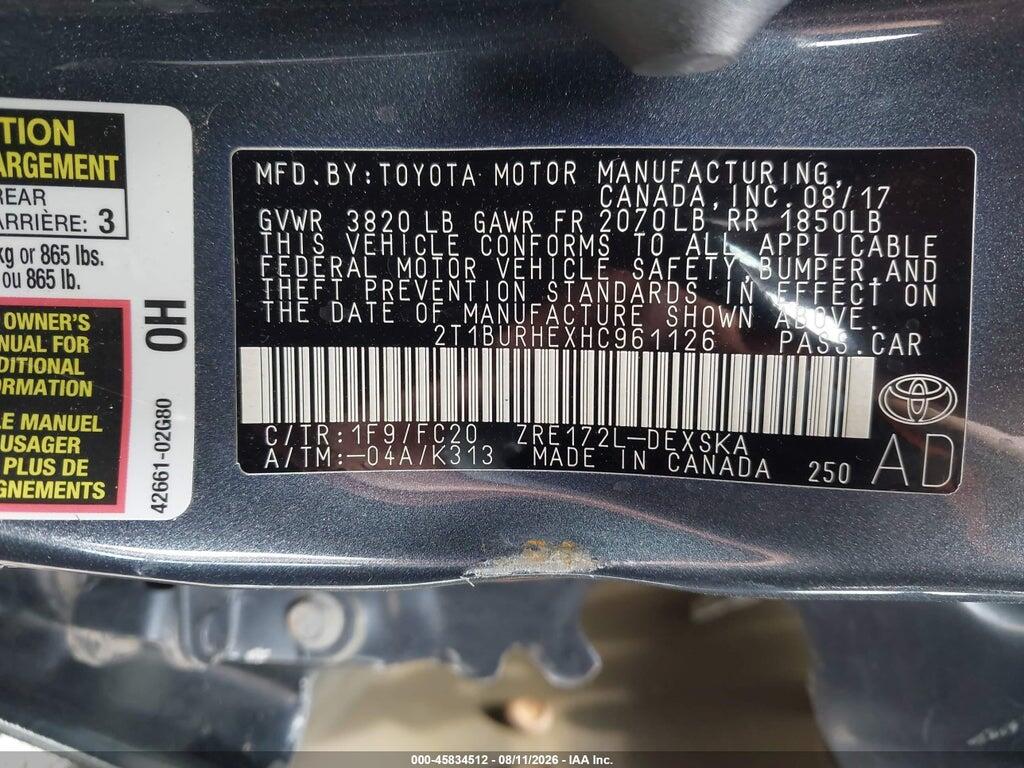2T1BURHEXHC961126 2017 TOYOTA COROLLA photo no. 9