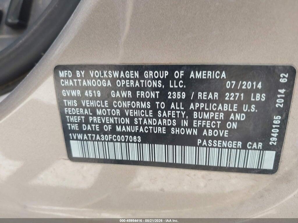 1VWAT7A30FC007063 2015 VOLKSWAGEN PASSAT photo no. 9