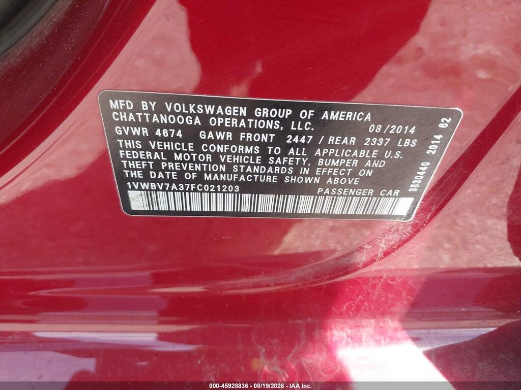 1VWBV7A37FC021203 2015 VOLKSWAGEN PASSAT photo no. 9