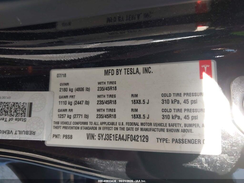 5YJ3E1EA4JF042129 2018 TESLA MODEL 3 photo no. 9