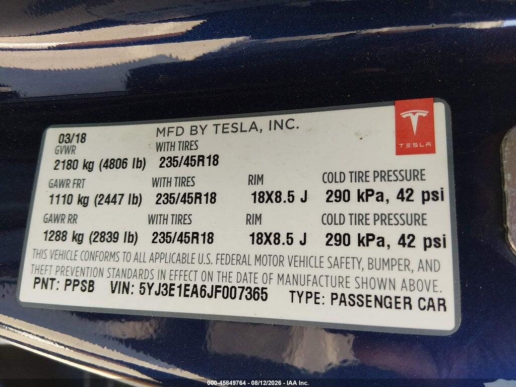 5YJ3E1EA6JF007365 2018 TESLA MODEL 3 photo no. 9