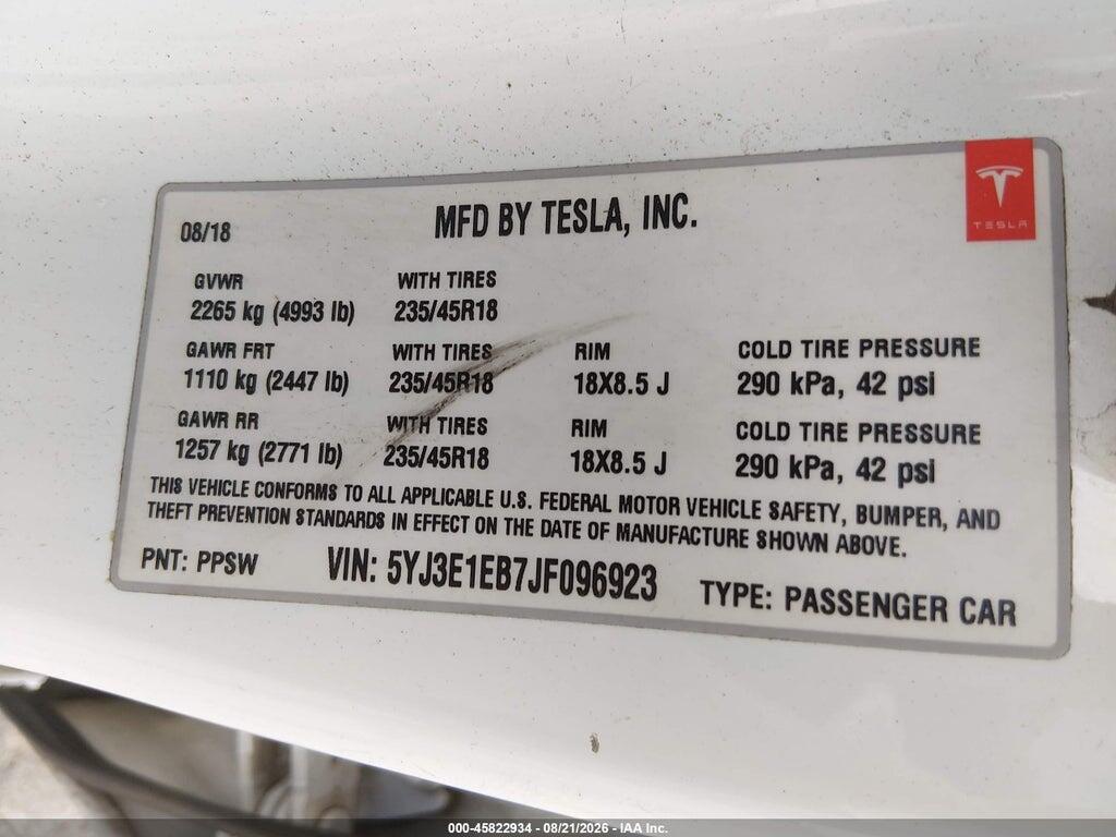 5YJ3E1EB7JF096923 2018 TESLA MODEL 3 photo no. 9