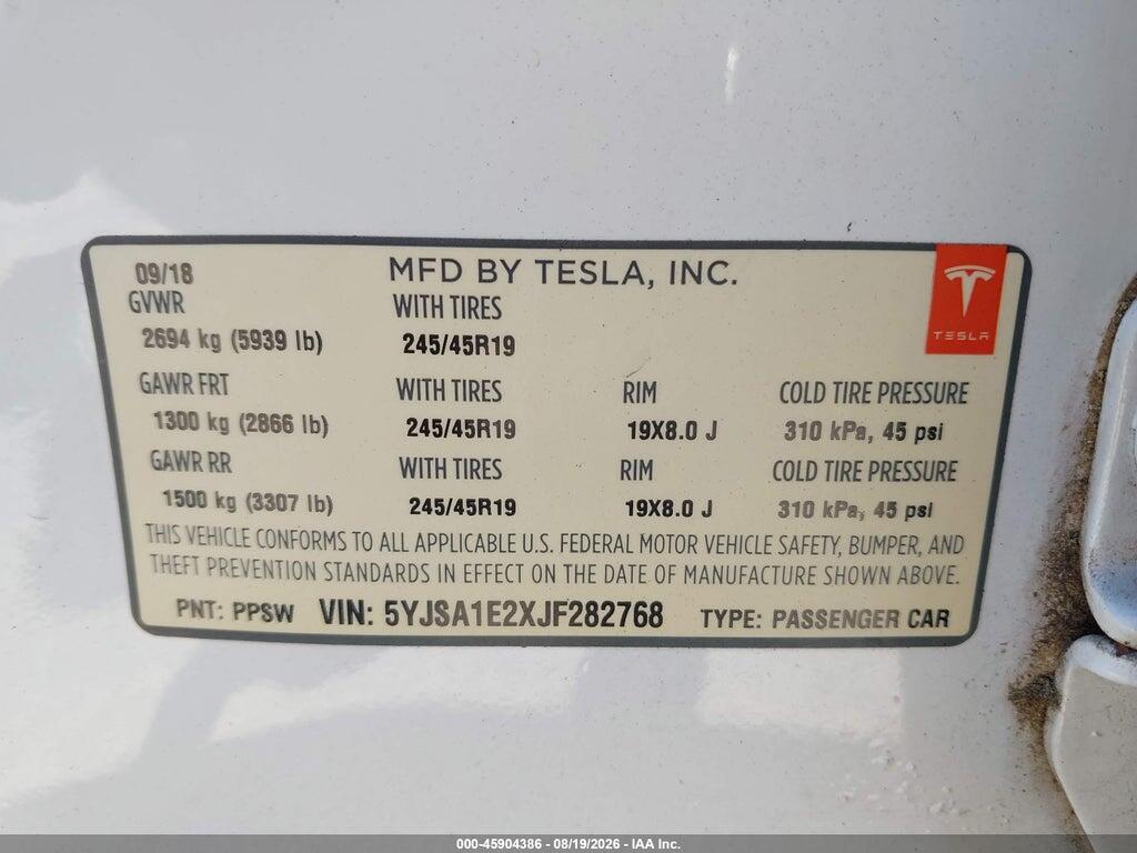 5YJSA1E2XJF282768 2018 TESLA MODEL S photo no. 9