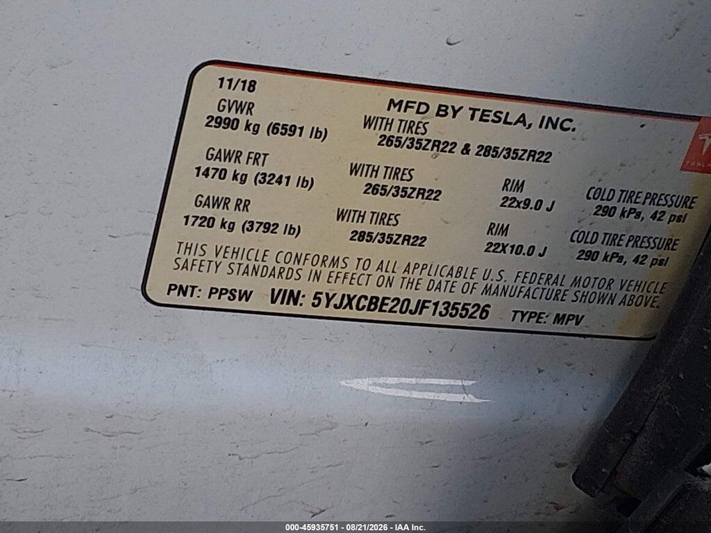 5YJXCBE20JF135526 2018 TESLA MODEL X photo no. 9