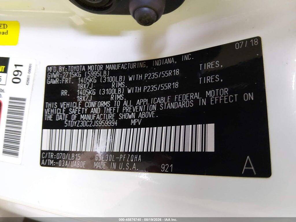 5TDYZ3DC2JS959994 2018 TOYOTA SIENNA photo no. 9