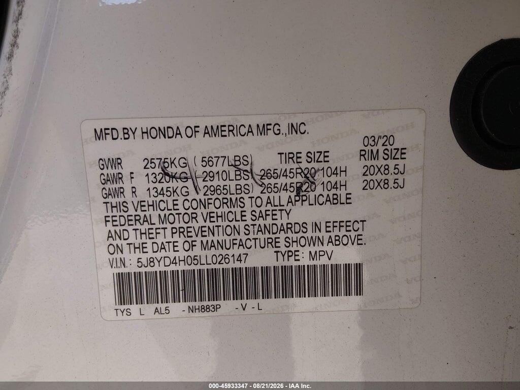 5J8YD4H05LL026147 2020 ACURA MDX photo no. 9