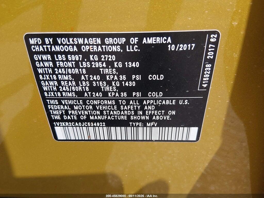 1V2KR2CA0JC534922 2018 VOLKSWAGEN ATLAS photo no. 9
