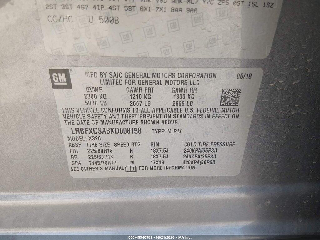 LRBFXCSA8KD008158 2019 BUICK ENVISION photo no. 9
