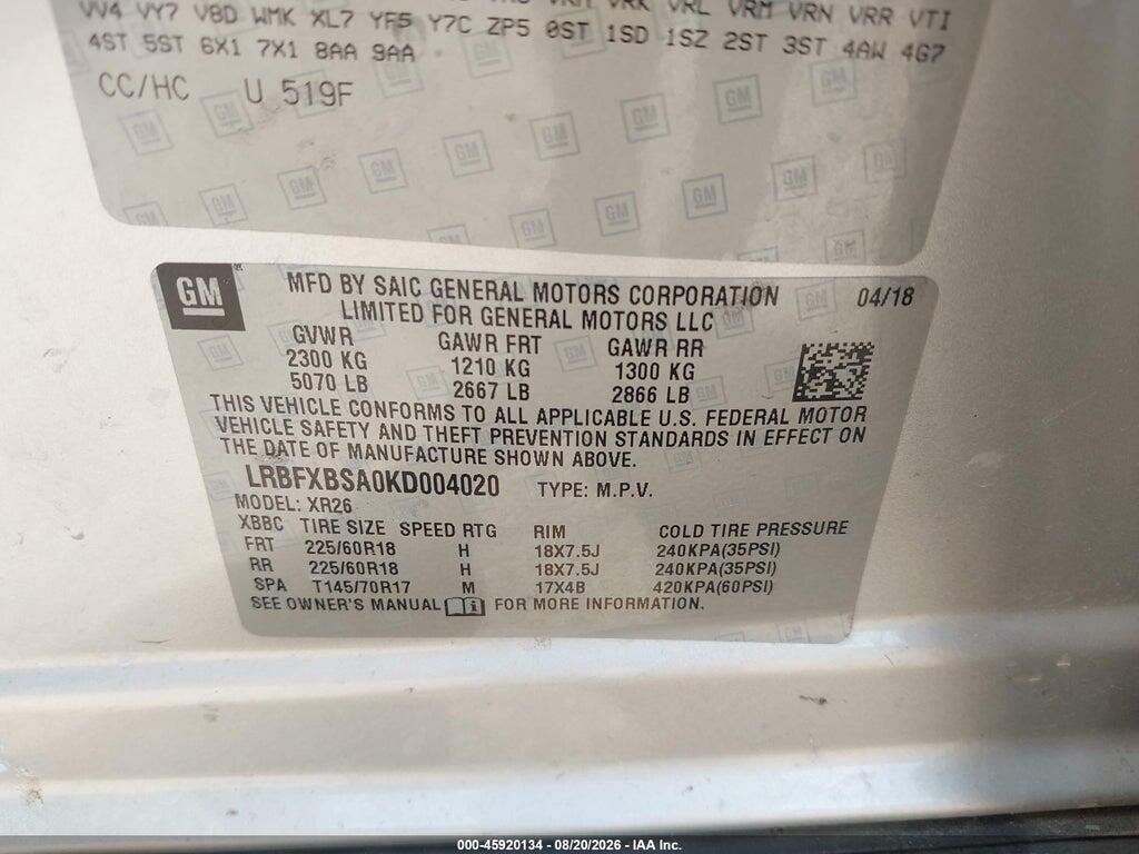 LRBFXBSA0KD004020 2019 BUICK ENVISION photo no. 9