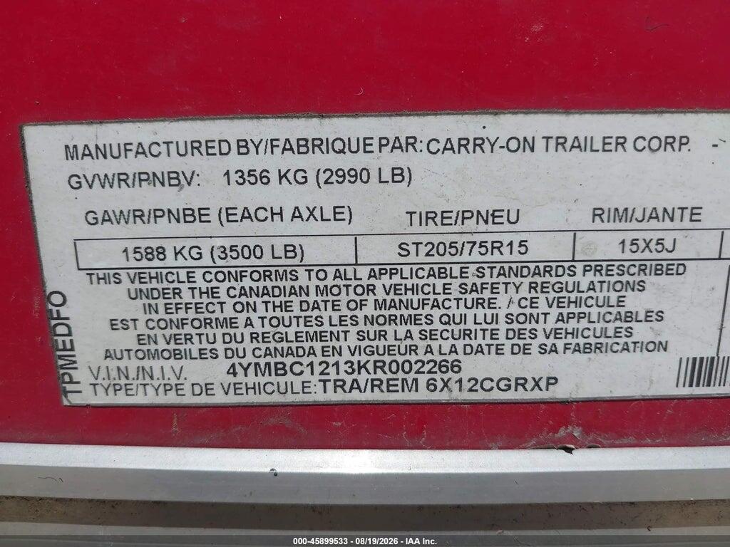 4YMBC1213KR002266 2019 CARRY ON TRAILER photo no. 9