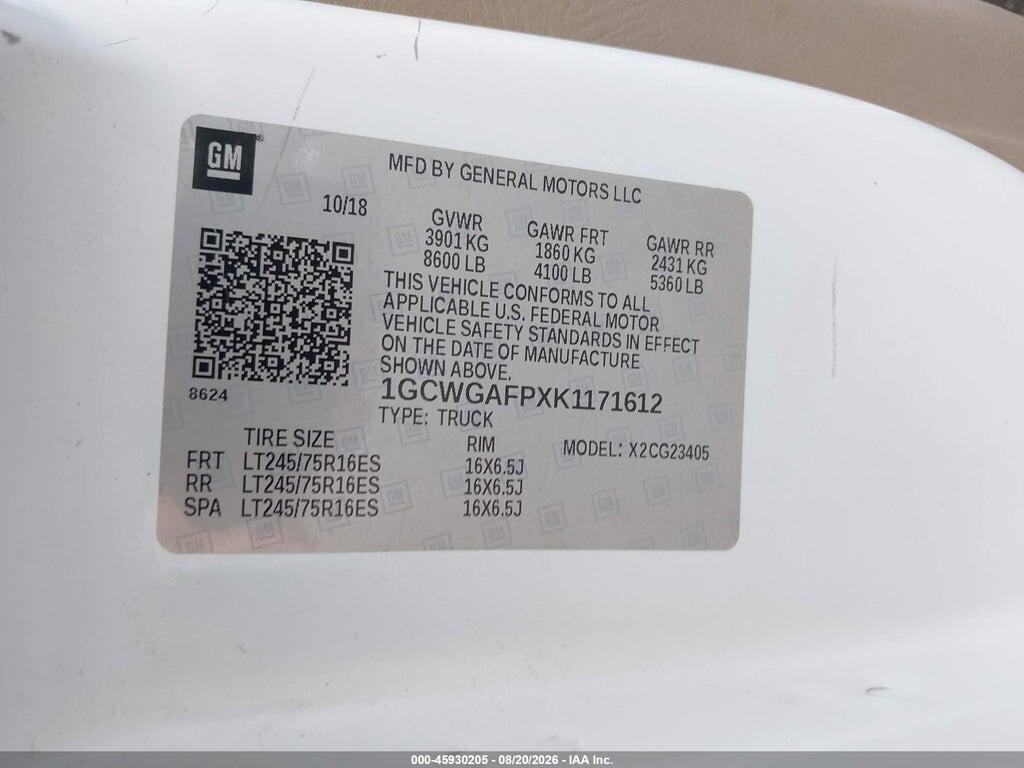 1GCWGAFPXK1171612 2019 CHEVROLET EXPRESS 2500 photo no. 9