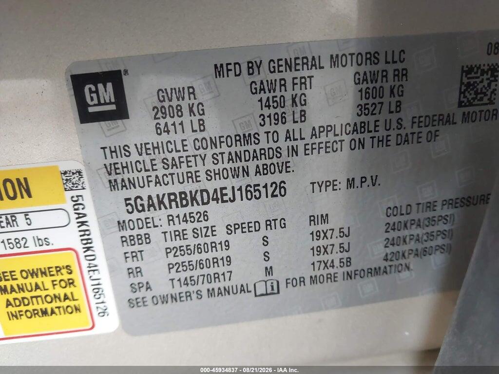 5GAKRBKD4EJ165126 2014 BUICK ENCLAVE photo no. 9