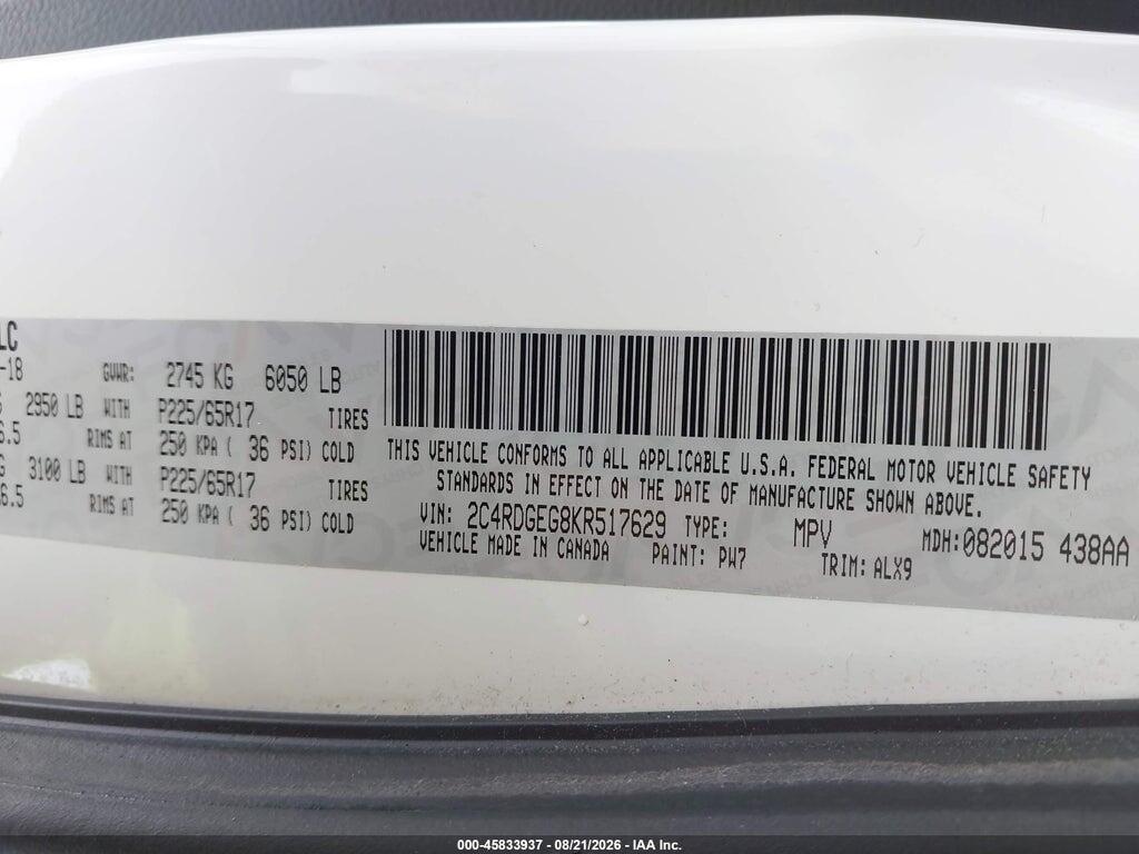 2C4RDGEG8KR517629 2019 DODGE GRAND CARAVAN photo no. 9