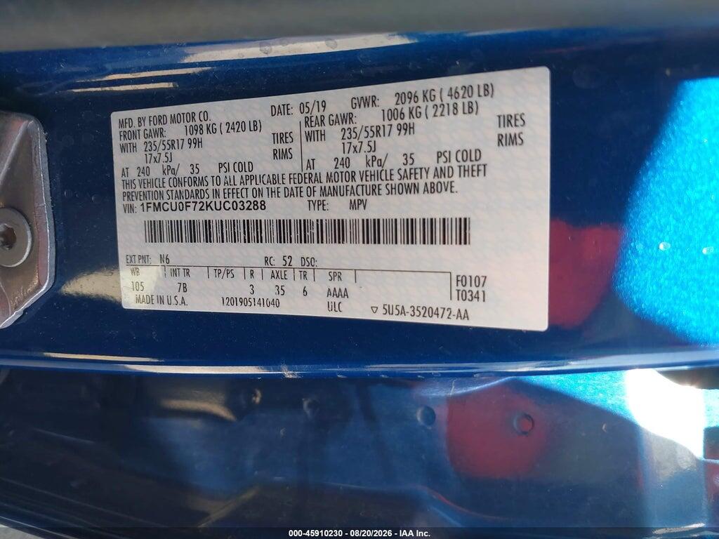 1FMCU0F72KUC03288 2019 FORD ESCAPE photo no. 9