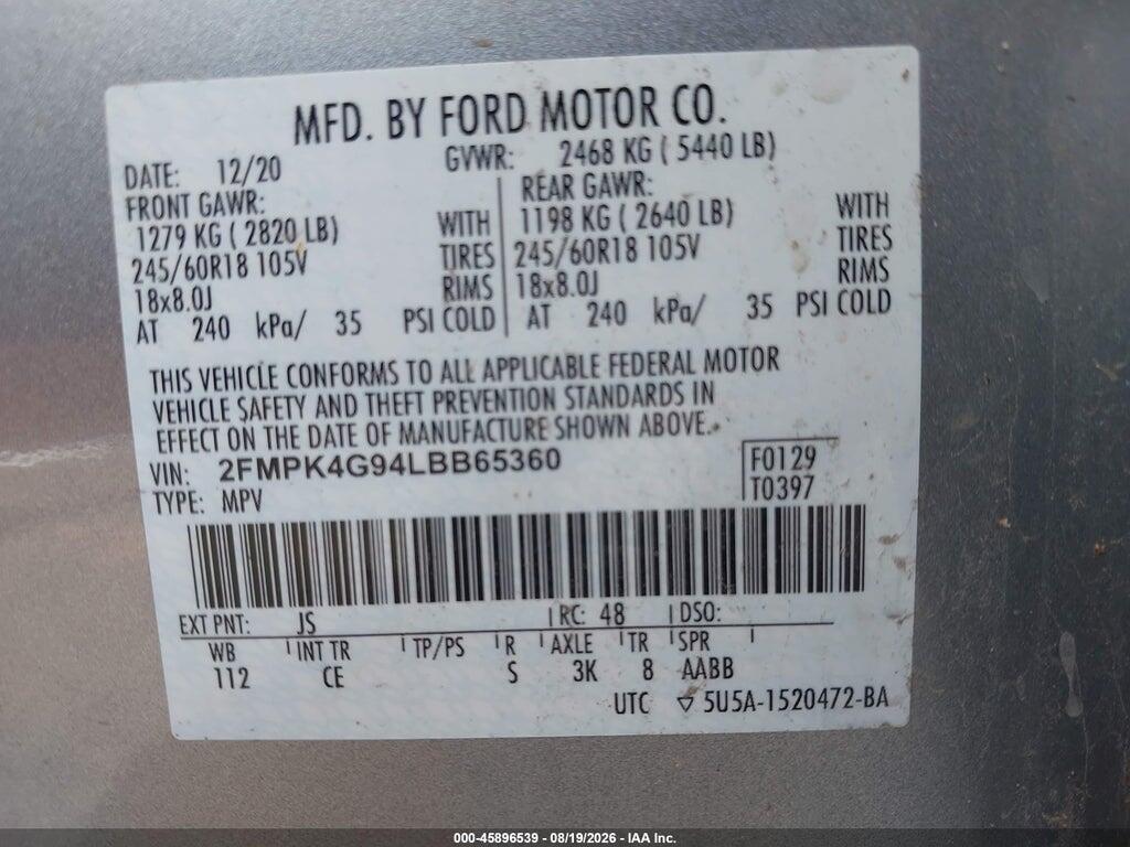 2FMPK4G94LBB65360 2020 FORD EDGE photo no. 9