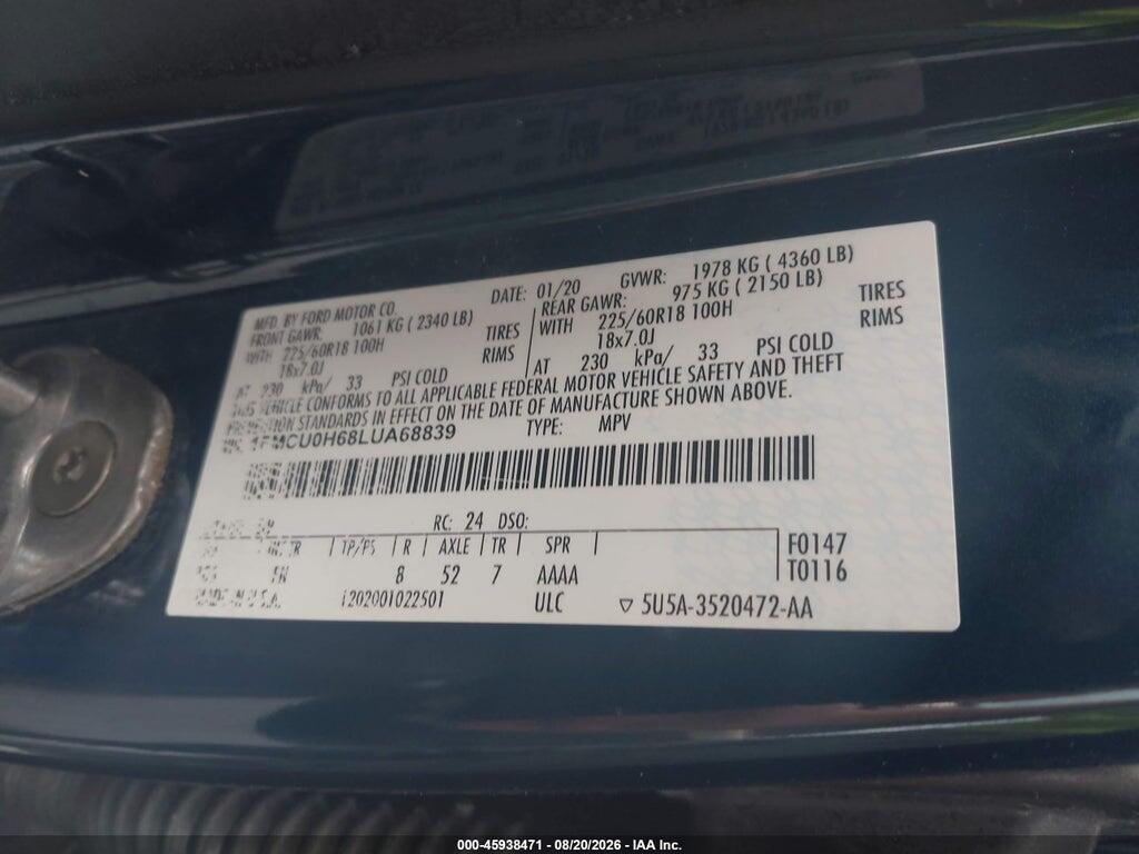1FMCU0H68LUA68839 2020 FORD ESCAPE photo no. 9