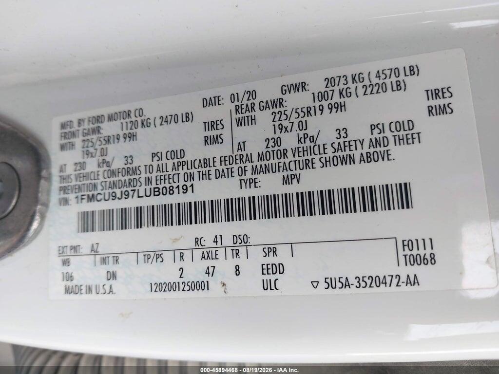 1FMCU9J97LUB08191 2020 FORD ESCAPE photo no. 9