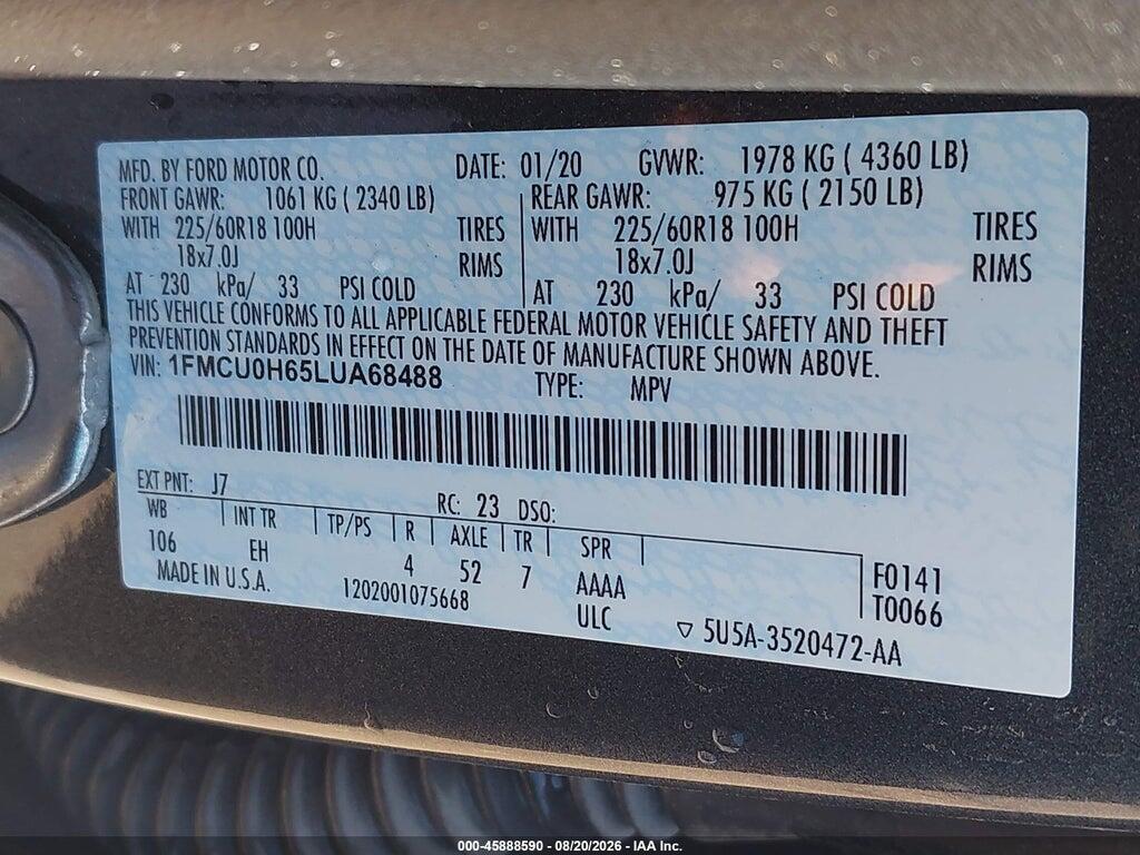 1FMCU0H65LUA68488 2020 FORD ESCAPE photo no. 9
