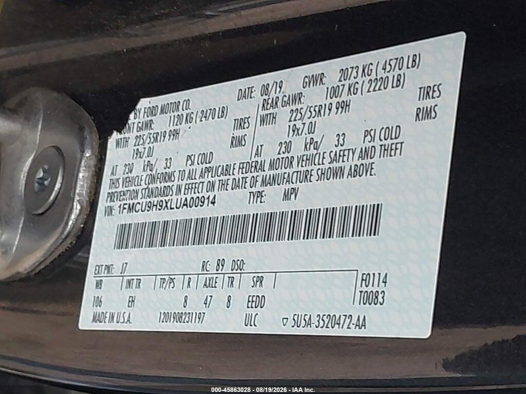 1FMCU9H9XLUA00914 2020 FORD ESCAPE photo no. 9