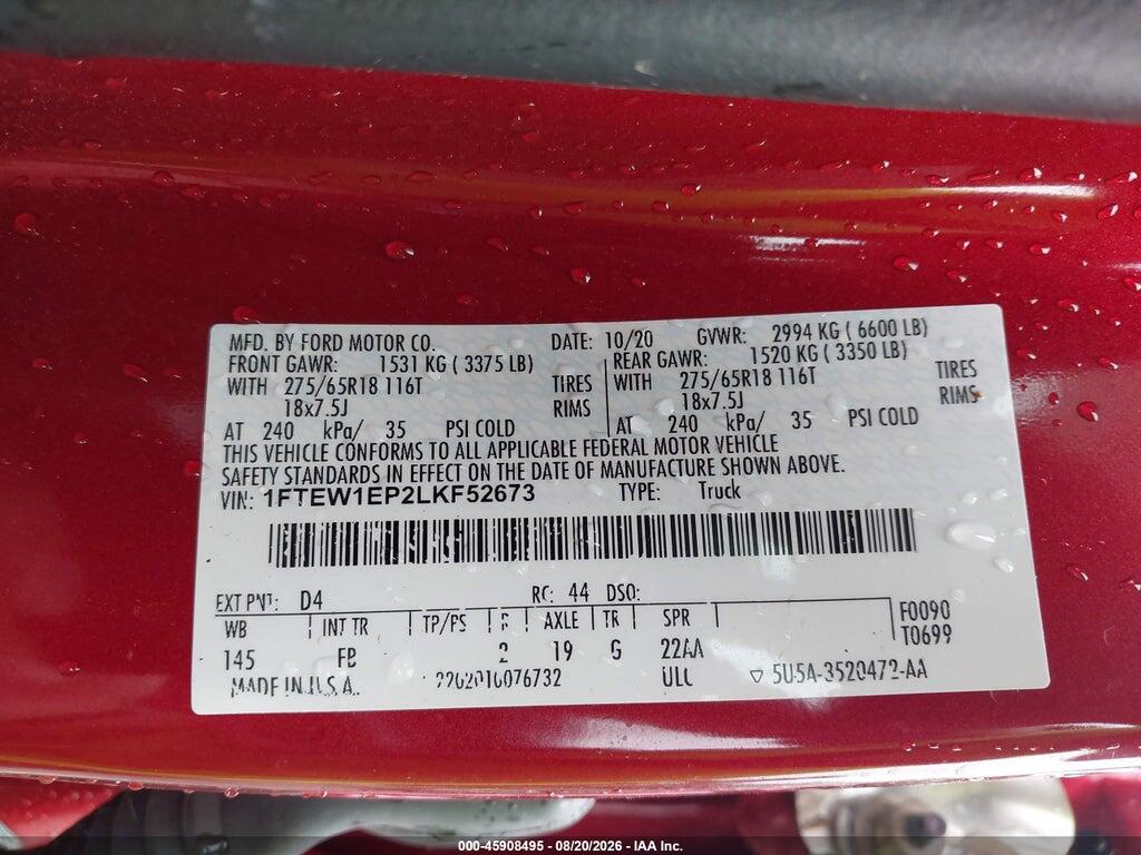 1FTEW1EP2LKF52673 2020 FORD F-150 photo no. 9