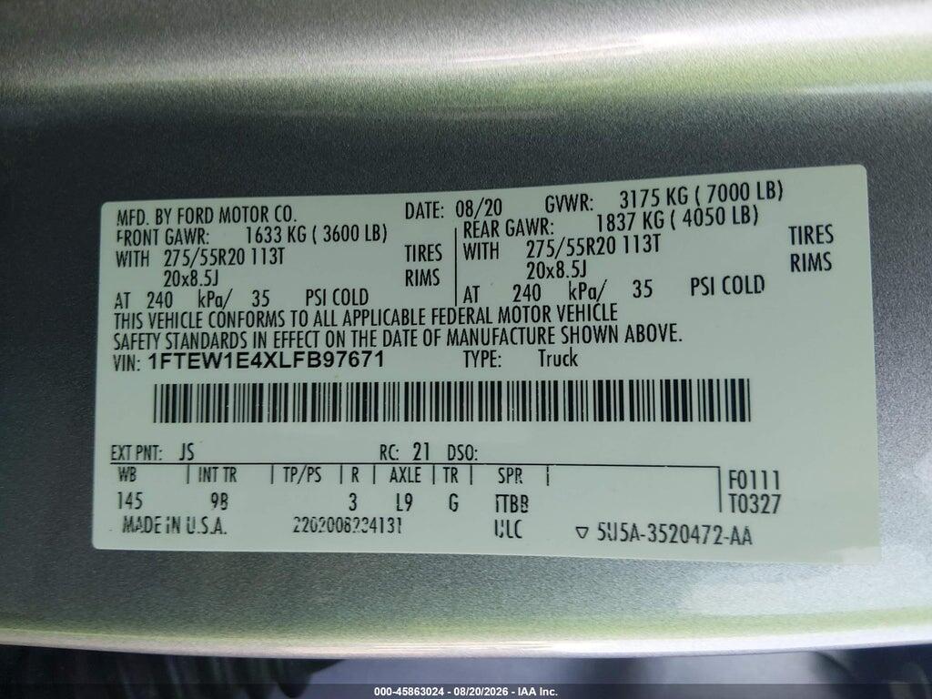 1FTEW1E4XLFB97671 2020 FORD F-150 photo no. 9