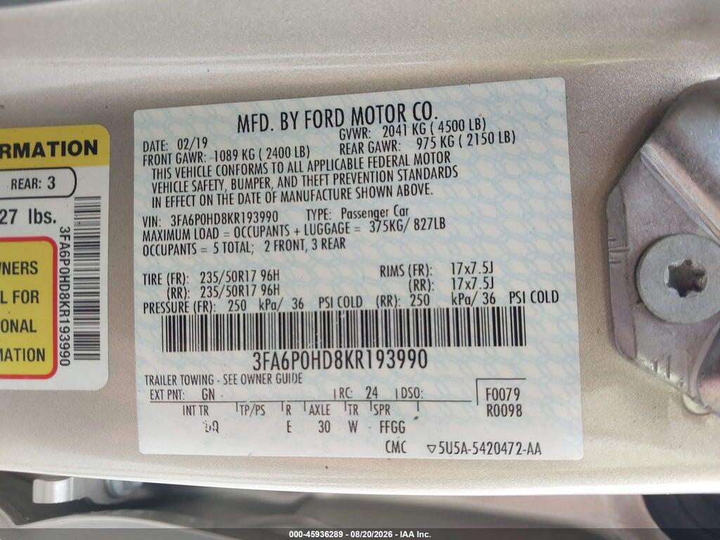 3FA6P0HD8KR193990 2019 FORD FUSION photo no. 9
