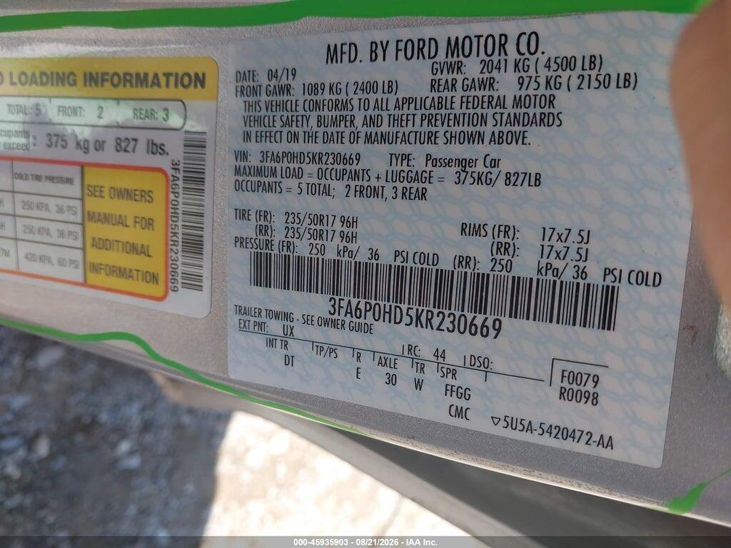 3FA6P0HD5KR230669 2019 FORD FUSION photo no. 9