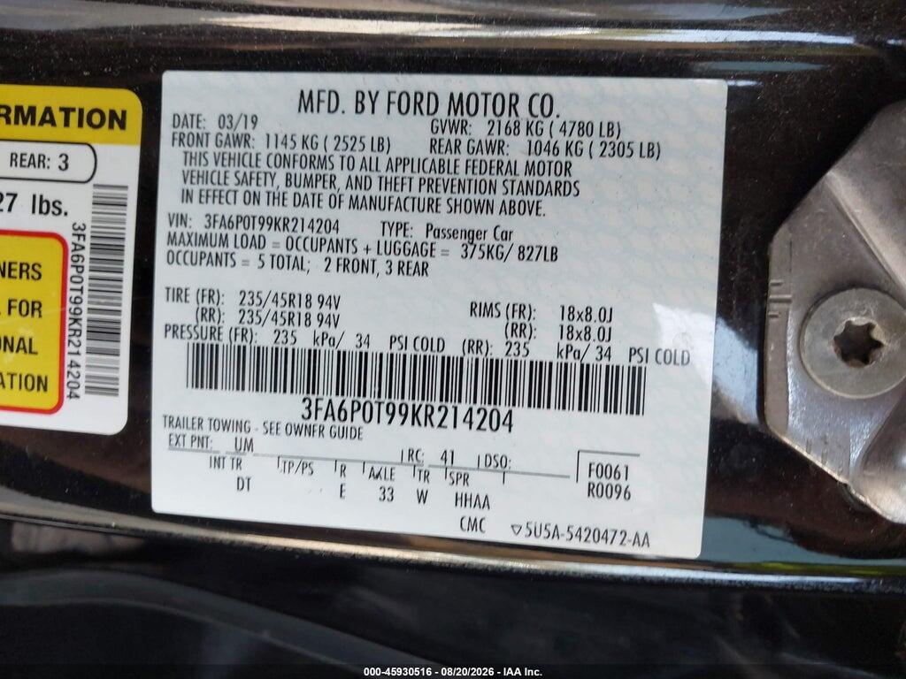 3FA6P0T99KR214204 2019 FORD FUSION photo no. 9