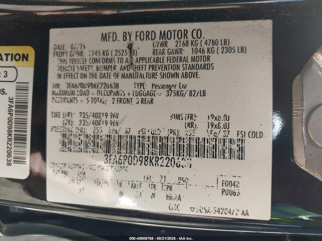 3FA6P0D98KR220638 2019 FORD FUSION photo no. 9