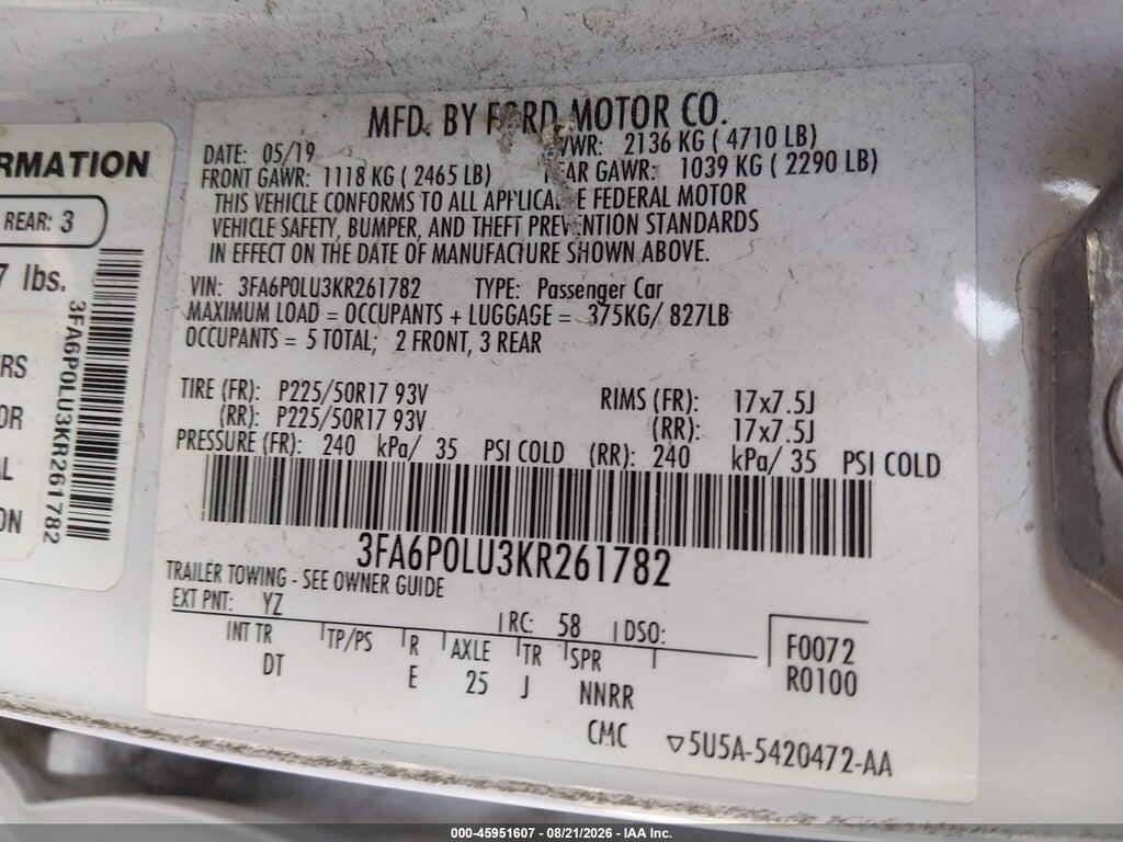 3FA6P0LU3KR261782 2019 FORD FUSION HYBRID photo no. 9