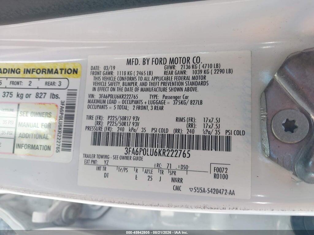 3FA6P0LU6KR222765 2019 FORD FUSION HYBRID photo no. 9