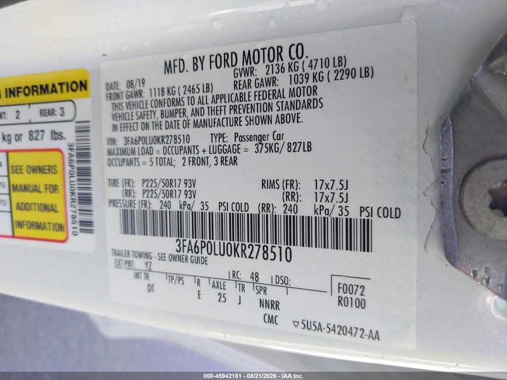 3FA6P0LU0KR278510 2019 FORD FUSION HYBRID photo no. 9