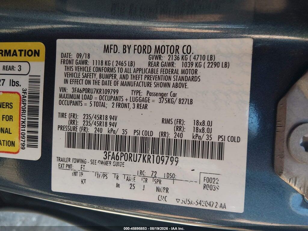 3FA6P0RU7KR109799 2019 FORD FUSION HYBRID photo no. 9