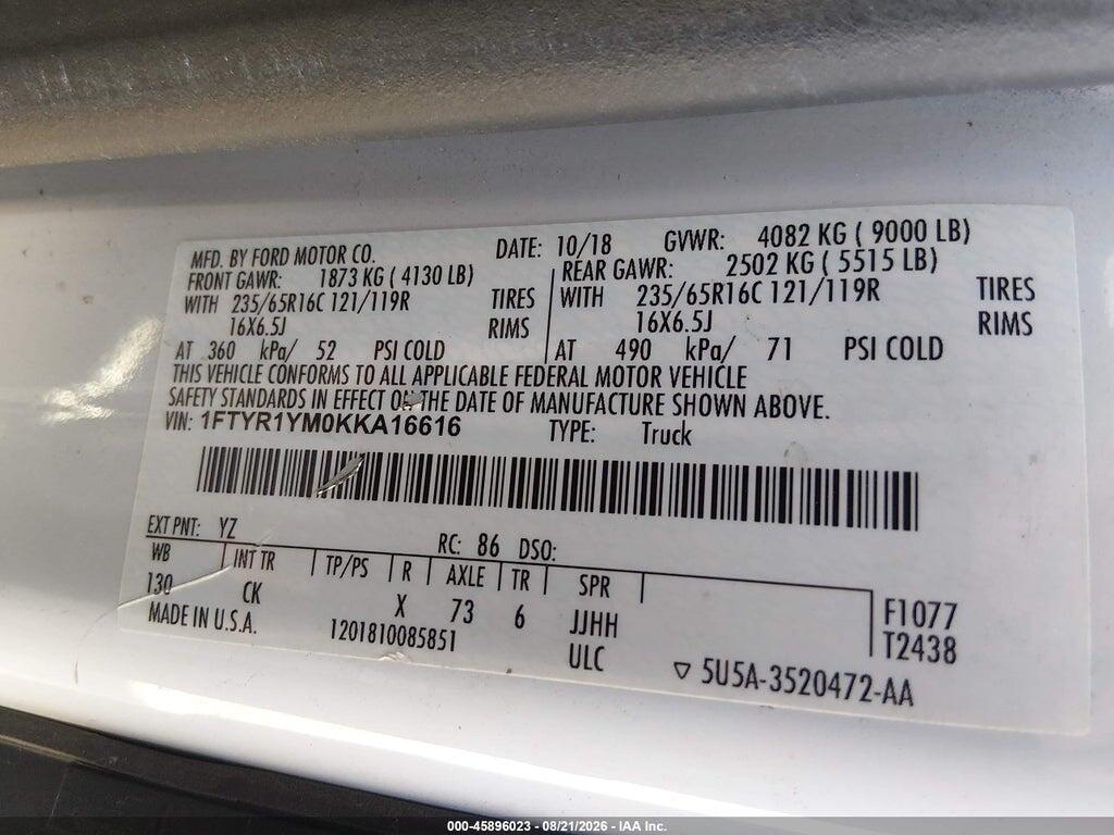 1FTYR1YM0KKA16616 2019 FORD TRANSIT-250 photo no. 9