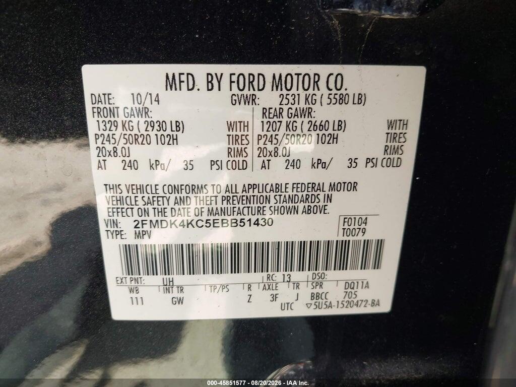 2FMDK4KC5EBB51430 2014 FORD EDGE photo no. 9