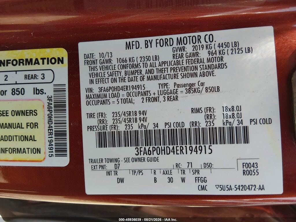 3FA6P0HD4ER194915 2014 FORD FUSION photo no. 9