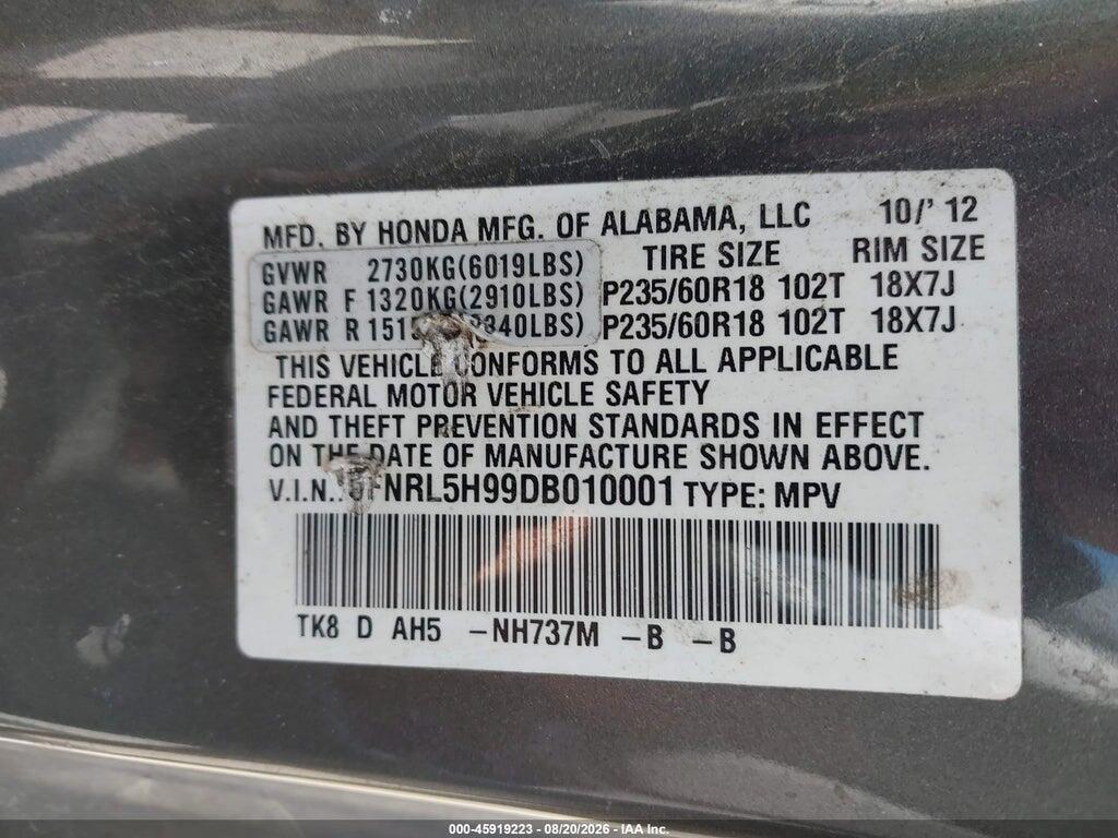 5FNRL5H99DB010001 2013 HONDA ODYSSEY photo no. 9