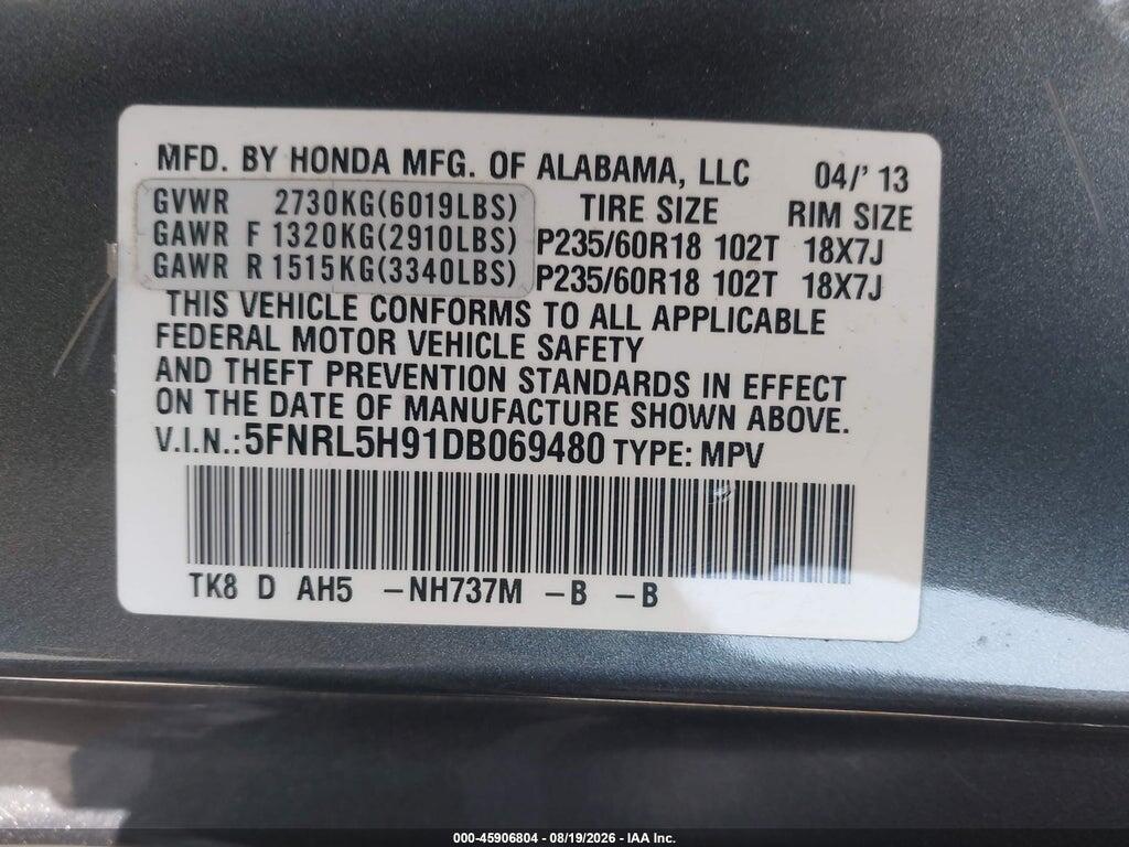 5FNRL5H91DB069480 2013 HONDA ODYSSEY photo no. 9