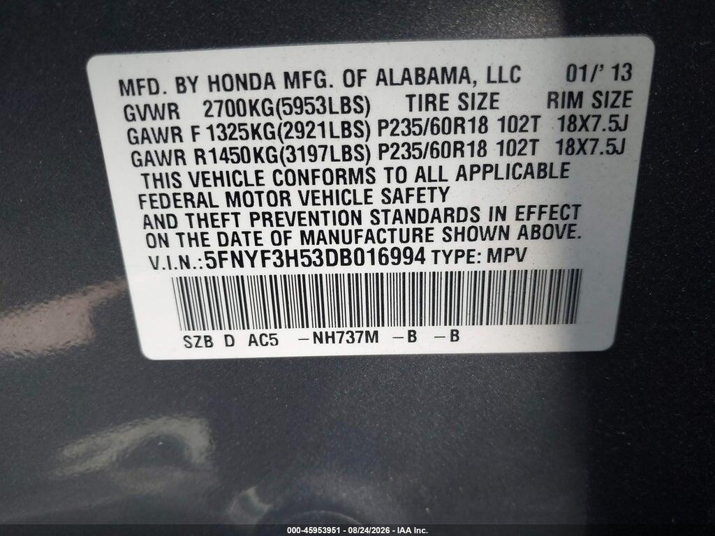 5FNYF3H53DB016994 2013 HONDA PILOT photo no. 9